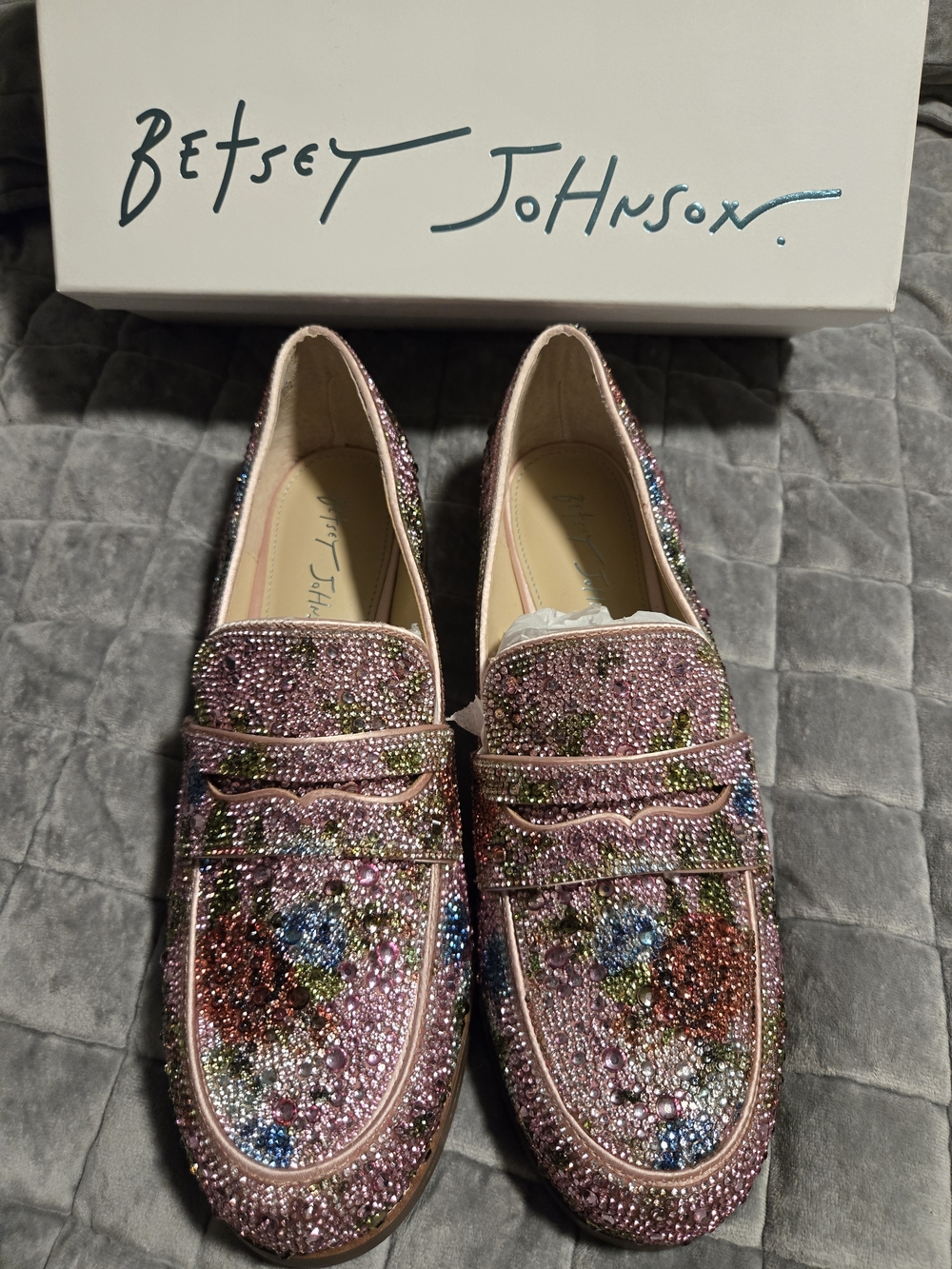 Betsey Johnson Pink Multicolor Crystal Penny Loafers - Picture 2 of 6